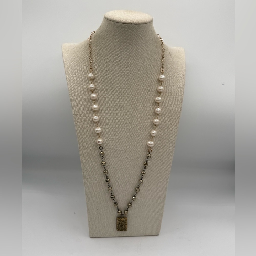 6 Lula n Lee 32” Freshwater Pearls Pyrite Hand Cast Brass Pendant Necklace